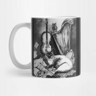 MUSICAL CAT AND OWL WITH MUSIC INSTRUMENTS In Black White Mug